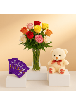 6 MIX FLOWERS BUNCH,1 TEDDY BEAR AND 5 ASSORTED CADBURY CHOCOLATES 6 MIX FLOWERS BUNCH,1 TEDDY BEAR AND 5 ASSORTED CADBURY CHOCOLATES