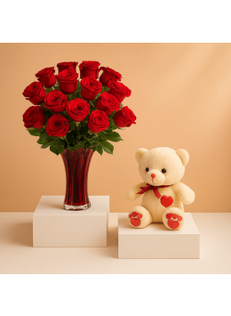 12 RED ROSES BUNCH AND 6 INCHES TEDDY BEAR 12 RED ROSES BUNCH AND 6 INCHES TEDDY BEAR