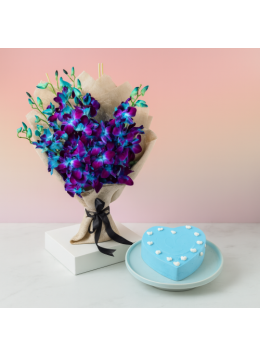 6 Blue Orchids with Half Kg Heart Shape Mint Cake 6 Blue Orchids with Half Kg Heart Shape Mint Cake