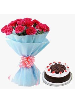 Black Forest Cake 1 Kg with 15 Pink Carnations Bunch Black Forest Cake 1 Kg with 15 Pink Carnations Bunch