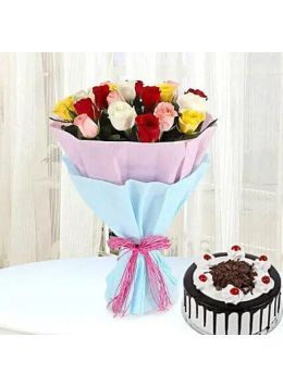 Black Forest Cake Half Kg with 6 Mix Roses Bunch Black Forest Cake Half Kg with 6 Mix Roses Bunch