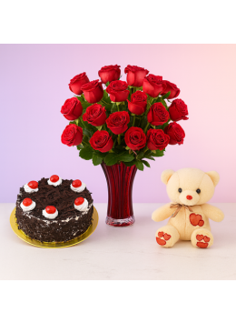 1 Kg Black Forest Cake-6 Red Roses Bunch-Teddy Bear 1 Kg Black Forest Cake-6 Red Roses Bunch-Teddy Bear