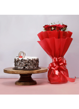 Half Black Forest Cake with 8 Red Roses Combo Half Black Forest Cake with 8 Red Roses Combo