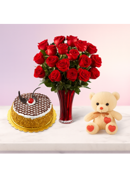 1 Kg Butter Scotch Cake-6 Red Roses Bunch-Teddy Bear 1 Kg Butter Scotch Cake-6 Red Roses Bunch-Teddy Bear