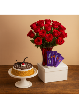 Half Kg Butter Scotch Cake-6 Red Roses Bunch-5 Chocolates Half Kg Butter Scotch Cake-6 Red Roses Bunch-5 Chocolates