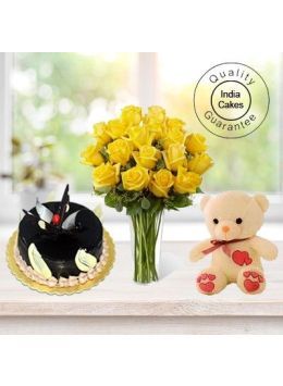 Chocolate Truffle Cake 1 Kg with 6 Yellow Roses Bunch and a Teddy Bear Chocolate Truffle Cake 1 Kg with 6 Yellow Roses Bunch and a Teddy Bear