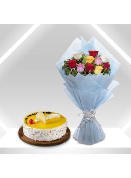 Colorful 10 Roses And a Half Kg Pineapple Cake Combo Colorful 10 Roses And a Half Kg Pineapple Cake Combo