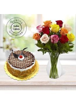 1 Kg Butter Scotch Cake with 12 Mix Roses Bunch 1 Kg Butter Scotch Cake with 12 Mix Roses Bunch