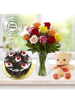 Half Kg Eggless Black Forest Cake-6 Mix Roses Bunch-Teddy Bear Half Kg Eggless Black Forest Cake-6 Mix Roses Bunch-Teddy Bear