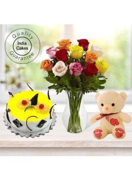 1 Kg Pineapple Cake-6 Mix Roses Bunch-Teddy Bear 1 Kg Pineapple Cake-6 Mix Roses Bunch-Teddy Bear