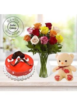 1 Kg Strawberry Cake-6 Mix Roses Bunch-Teddy Bear 1 Kg Strawberry Cake-6 Mix Roses Bunch-Teddy Bear