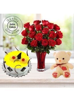 1 Kg Pineapple Cake-6 Red Roses Bunch-Teddy Bear 1 Kg Pineapple Cake-6 Red Roses Bunch-Teddy Bear