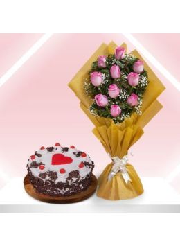 Cute 10 Pink Roses And a Half Kg Black Forest Cake Combo Cute 10 Pink Roses And a Half Kg Black Forest Cake Combo
