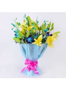 Divine Beauty of 6 Yellow Lilies and 6 Blue Orchids