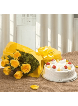 Eggless Combo of 6 Yellow Roses Bouquet and Half Kg Pineapple Cake Eggless Combo of 6 Yellow Roses Bouquet and Half Kg Pineapple Cake