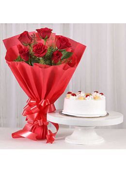Eggless Pineapple Cake Half Kgs with 6 Red Roses Bunch Eggless Pineapple Cake Half Kgs with 6 Red Roses Bunch