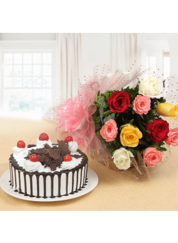 Eggless Rich Black Forest Cake Half Kgs with 6 Mix Roses Bunch Eggless Rich Black Forest Cake Half Kgs with 6 Mix Roses Bunch