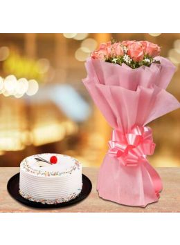 Eggless Tempting Vanilla Cake Half Kgs with 6 Pink Roses Bunch Eggless Tempting Vanilla Cake Half Kgs with 6 Pink Roses Bunch