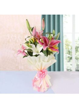 A vibrant bouquet of six exotic Asiatic lilies in full bloom.