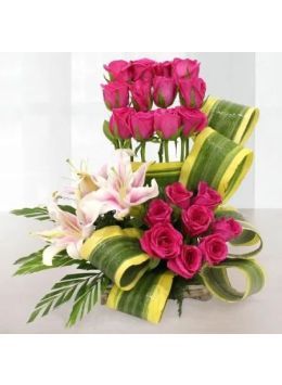 Fine Basket of Lilies and Roses