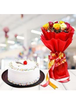Garnished Vanilla Cake with 8 Mix Roses Combo Garnished Vanilla Cake with 8 Mix Roses Combo