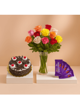 1 Kg Black Forest Cake-6 Mix Roses Bunch-5 Chocolates 1 Kg Black Forest Cake-6 Mix Roses Bunch-5 Chocolates