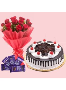 Half Kg Black Forest Cake-6 Red Roses Bunch-5 Chocolates Half Kg Black Forest Cake-6 Red Roses Bunch-5 Chocolates