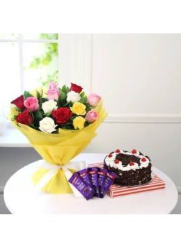 Half Kg Black Forest Cake with 6 Mix Roses Bunch and 5 Chocolates Half Kg Black Forest Cake with 6 Mix Roses Bunch and 5 Chocolates