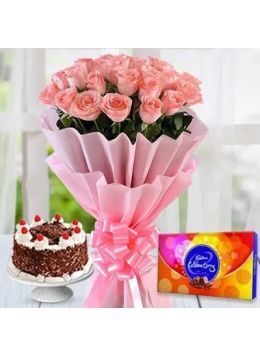 Eggless Half Kg Black Forest Cake with 6 Pink Roses Bouquet and Cadbury Celebration Eggless Half Kg Black Forest Cake with 6 Pink Roses Bouquet and Cadbury Celebration