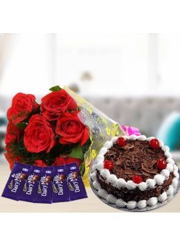 Half Kg Black Forest Cake with 6 Red Roses Bouquet and 5 Chocolates Half Kg Black Forest Cake with 6 Red Roses Bouquet and 5 Chocolates