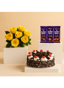 Eggless Half Kg Black Forest Cake with 6 Yellow Roses Bunch and 3 Cadbury Silk Chocolates Eggless Half Kg Black Forest Cake with 6 Yellow Roses Bunch and 3 Cadbury Silk Chocolates