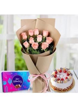Eggless Half Kg Butterscotch Cake with 6 Pink Roses Bouquet and Cadbury Celebration Eggless Half Kg Butterscotch Cake with 6 Pink Roses Bouquet and Cadbury Celebration