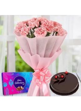 Half Kg Chocolate Cake with 6 Pink Carnation Bouquet and Cadbury Celebration Half Kg Chocolate Cake with 6 Pink Carnation Bouquet and Cadbury Celebration