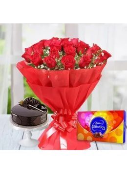 Eggless Half Kg Chocolate Cake with 6 Red Roses Bouquet and Cadbury Celebration Eggless Half Kg Chocolate Cake with 6 Red Roses Bouquet and Cadbury Celebration