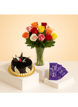 1 Kg Chocolate Truffle Cake-6 Mix Roses Bunch-Teddy Bear 1 Kg Chocolate Truffle Cake-6 Mix Roses Bunch-Teddy Bear