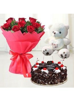 Half Kg Classic Black Forest Cake with 6 Red Roses Bouquet and 6 Inch Teddy Bear Half Kg Classic Black Forest Cake with 6 Red Roses Bouquet and 6 Inch Teddy Bear