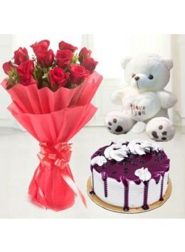 Half Kg Classic Blueberry Cake with 6 Red Roses Bouquet and 6 Inch Teddy Bear Half Kg Classic Blueberry Cake with 6 Red Roses Bouquet and 6 Inch Teddy Bear
