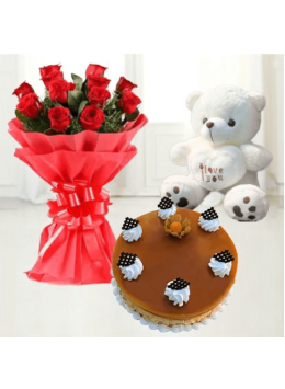 Half Kg Delectable Butterscotch Cake with 6 Red Roses Bouquet and 6 Inch Teddy Bear Half Kg Delectable Butterscotch Cake with 6 Red Roses Bouquet and 6 Inch Teddy Bear