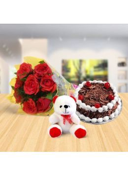 Half Kg Delicious Black Forest Cake with 6 Red Roses and 6 Inch Teddy Bear Half Kg Delicious Black Forest Cake with 6 Red Roses and 6 Inch Teddy Bear