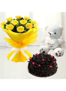 Half Kg Delicious Chocolate Cake with 6 Yellow Roses Bouquet and 6 Inch Teddy Bear Half Kg Delicious Chocolate Cake with 6 Yellow Roses Bouquet and 6 Inch Teddy Bear