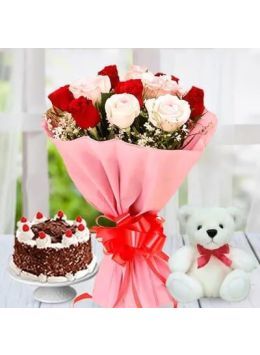 Half Kg Delightful Black Forest Cake with 6 Mix Roses Bouquet and 6 Inch Teddy Bear Half Kg Delightful Black Forest Cake with 6 Mix Roses Bouquet and 6 Inch Teddy Bear
