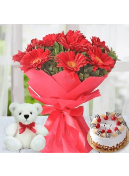 Half Kg Delish Butterscotch Cake with 6 Red Gerberas and 6 Inch Teddy Bear Half Kg Delish Butterscotch Cake with 6 Red Gerberas and 6 Inch Teddy Bear