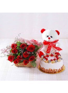 Half Kg Delish Butterscotch Cake with 6 Red Roses Bunch and 6 Inch Teddy Bear Half Kg Delish Butterscotch Cake with 6 Red Roses Bunch and 6 Inch Teddy Bear