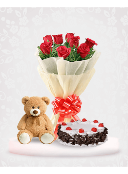 Half Kg Divine Black Forest Cake with 6 Red Roses Bunch and 6 Inch Teddy Bear Half Kg Divine Black Forest Cake with 6 Red Roses Bunch and 6 Inch Teddy Bear