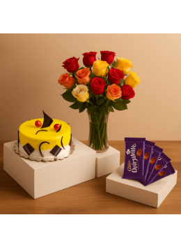 1 Kg Pineapple Cake-6 Mix Roses Bunch-5 Chocolates 1 Kg Pineapple Cake-6 Mix Roses Bunch-5 Chocolates