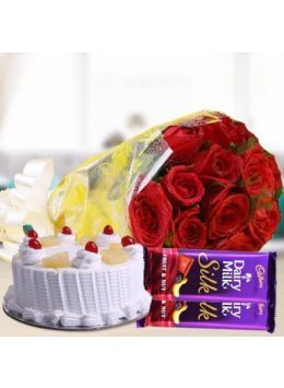 Eggless Half Kg Pineapple Cake with 6 Red Roses Bunch and 2 Cadbury Silk Chocolates Eggless Half Kg Pineapple Cake with 6 Red Roses Bunch and 2 Cadbury Silk Chocolates