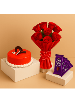 1 Kg Strawberry Cake-6 Red Roses Bunch-5 Chocolates 1 Kg Strawberry Cake-6 Red Roses Bunch-5 Chocolates