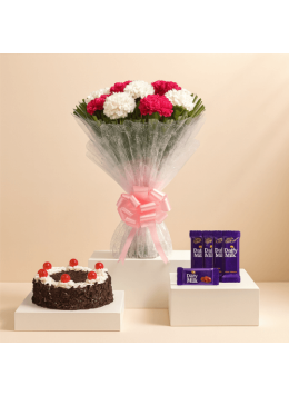 Eggless Half Kgs Black Forest Cake with 6 Mix Carnation Bunch and 5 Chocolates Eggless Half Kgs Black Forest Cake with 6 Mix Carnation Bunch and 5 Chocolates
