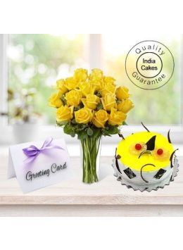 1/2 Kg Pineapple Cake-6 Yellow Roses Bunch, Greeting Card 1/2 Kg Pineapple Cake-6 Yellow Roses Bunch, Greeting Card
