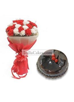 1 Kg Chocolate Cake with 12 Red and White Carnations Bunch 1 Kg Chocolate Cake with 12 Red and White Carnations Bunch